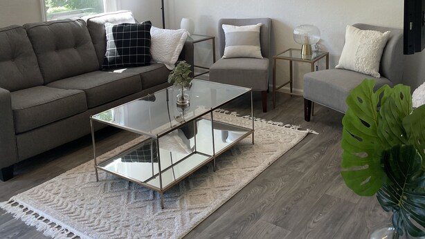 A modern living room with a grey sofa, a glass coffee table, and a grey armchair. There is a white rug on the floor and a large green plant in a vase. - The Capitol House-East Village/Downtown, King Bed (Des Moines)