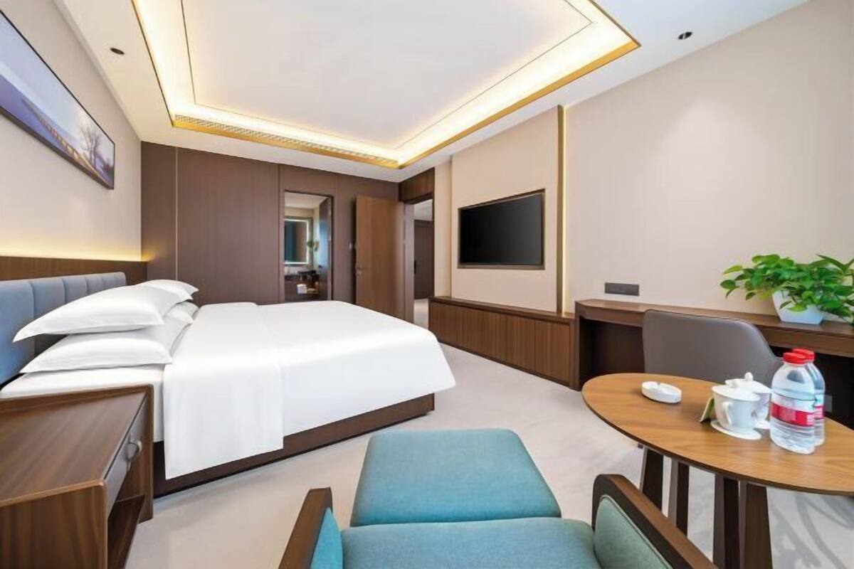 Une chambre d’hôtel comprenant un lit, une table de chevet, une petite table ronde avec une chaise, un téléviseur et une plante.