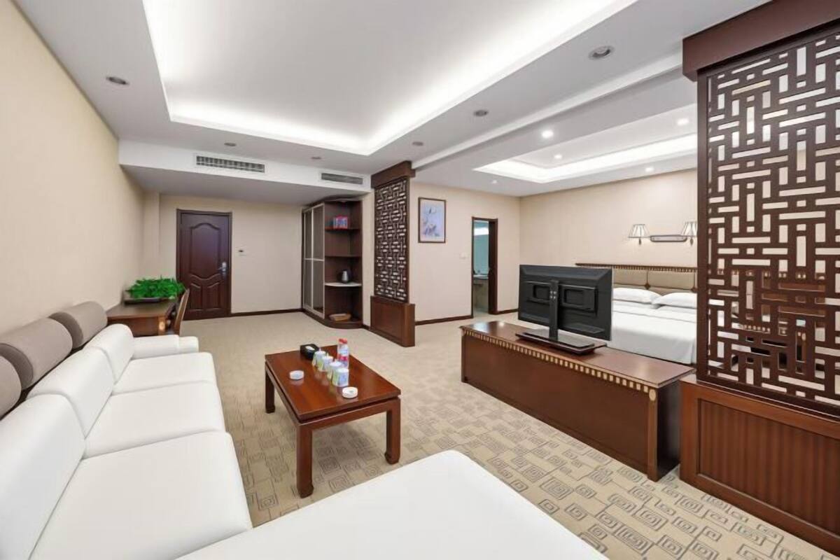 Une chambre d’hôtel équipée d’un canapé, d’une télévision, d’un bureau, d’un lit et d’une cloison décorative.