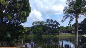 A serene lakeside setting with a wooden fence, lush greenery, and a clear sky. - Orange Blossom Refuge (Pinellas County)