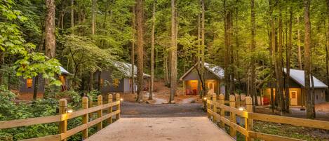 A wooden bridge leading to a row of cabins in a forested area.