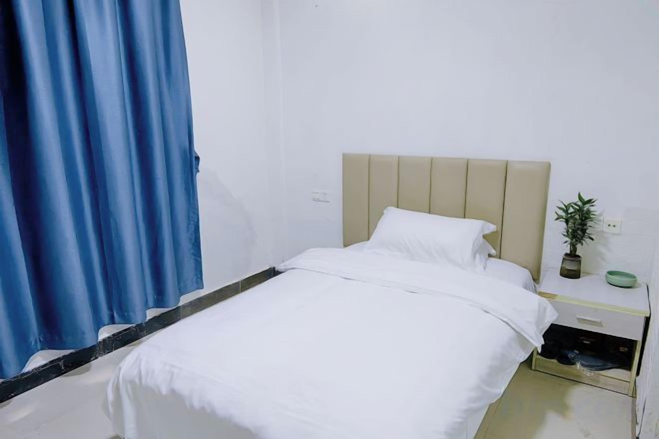 Ένα μονό κρεβάτι με κεφαλάρι, ένα κομοδίνο με ένα φυτό και μια μπλε κουρτίνα.