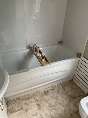 Combined shower/bathtub, toilet paper