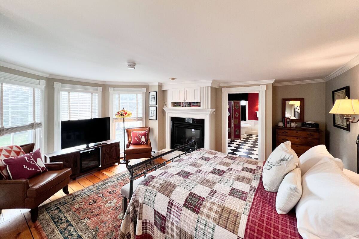 Un dormitorio amplio con una cama grande, televisor, chimenea y vistas al baño.
