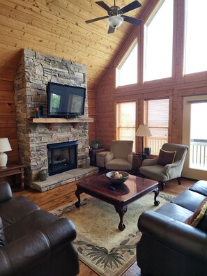 Smart TV, fireplace, books