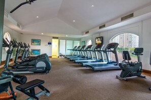 A gym with multiple treadmills, ellipticals, and a bench.