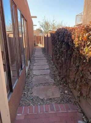 Pathway leads to the entrance of a modern building with large glass windows.