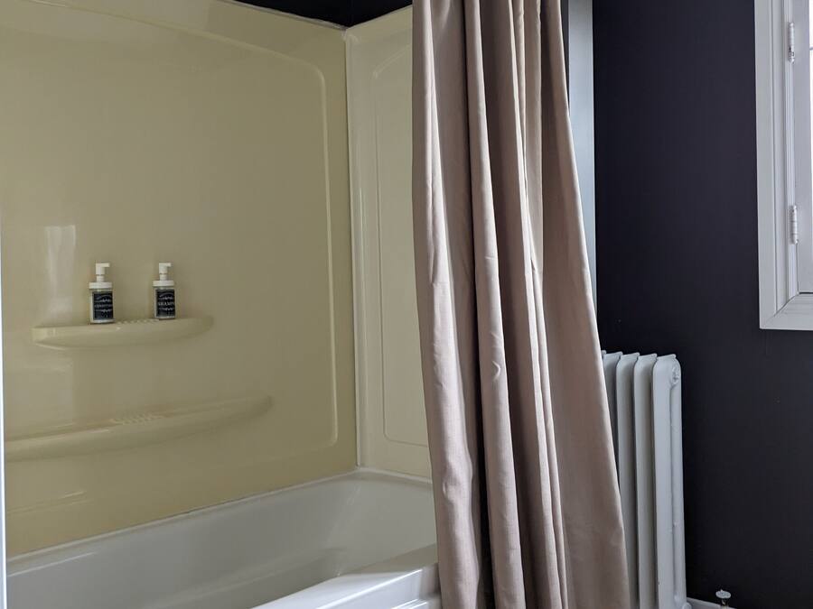 A modern bathroom with a bathtub, a shower curtain, and a radiator.