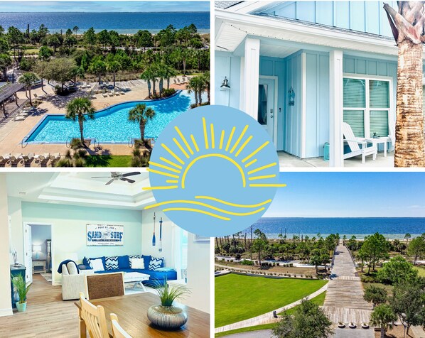 A resort with a pool, a covered patio, a living room, and a view of the beach.