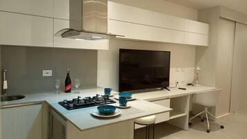 Fridge, microwave, coffee/tea maker, blender