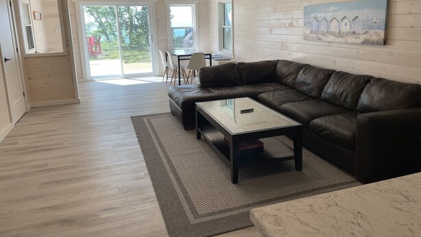 A spacious living room with a leather sofa, a glass coffee table, and a painting on the wall. - Modern Cottage on the Water - Newly Renovated! (Dashwood)