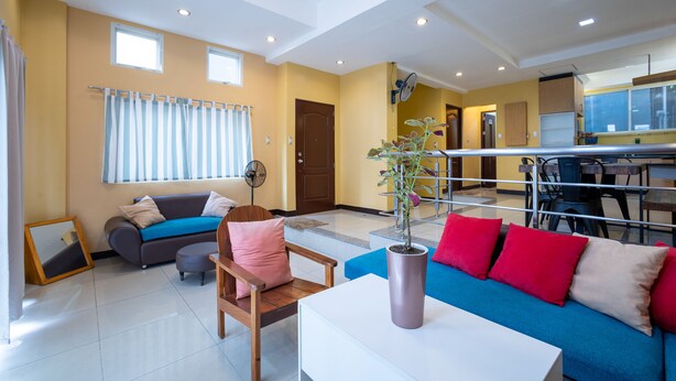 A modern living room with a sofa, a dining table, and a potted plant.