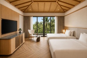 A hotel room with a large TV, two beds, a chair, a small table, and a view of palm trees. - Mikazuki Villas - The Ryokan (Da Nang)