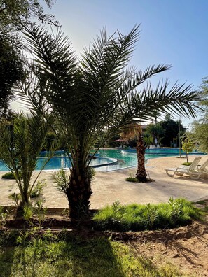 Zona de piscina con palmeras, sillas de descanso y cielo despejado.