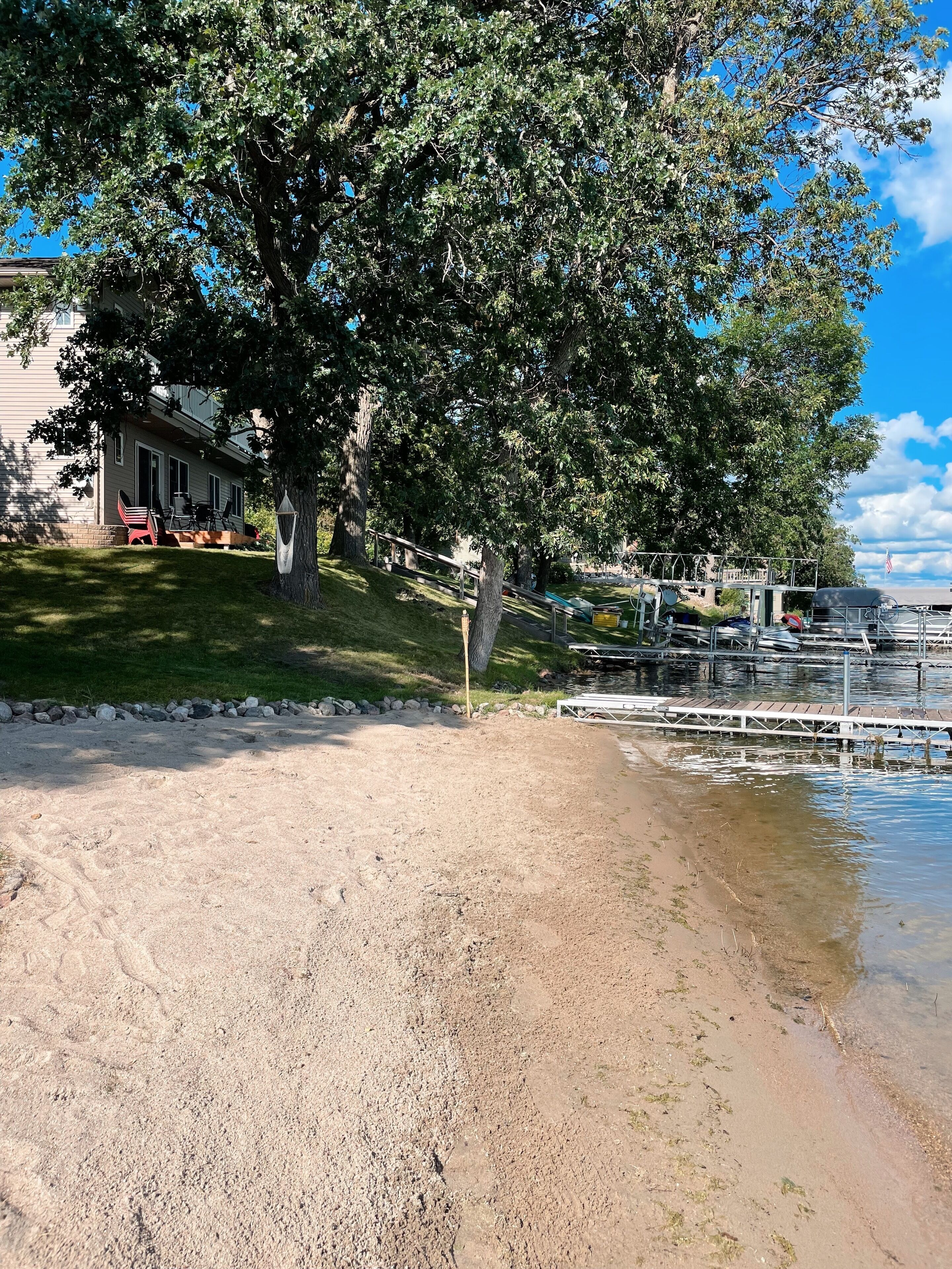On the beach, sun-loungers
