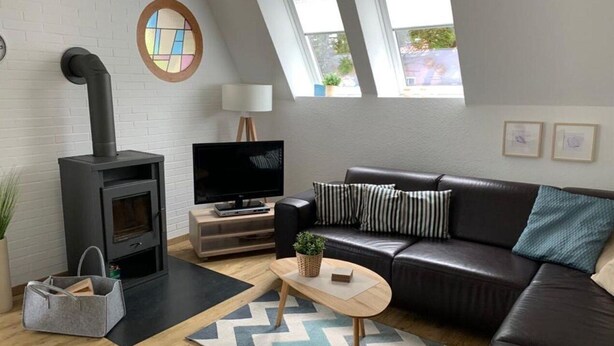 Una sala de estar moderna con chimenea, un sofá, un televisor y una ventana con vistas.