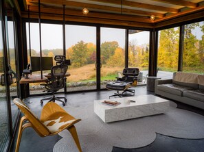 Smart TV, fireplace, stereo, computer monitors