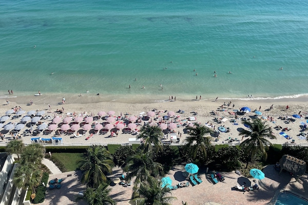 Plage, chaises longues, serviettes de plage