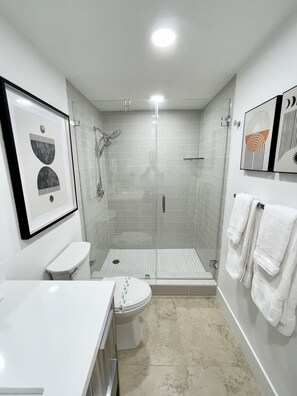 Bathtub, hair dryer, towels, toilet paper