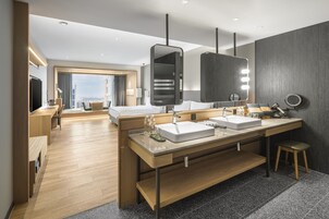 Hair dryer, slippers, towels, shampoo