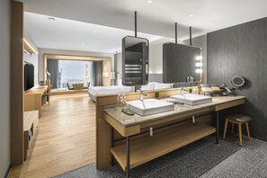 Hair dryer, slippers, towels, shampoo