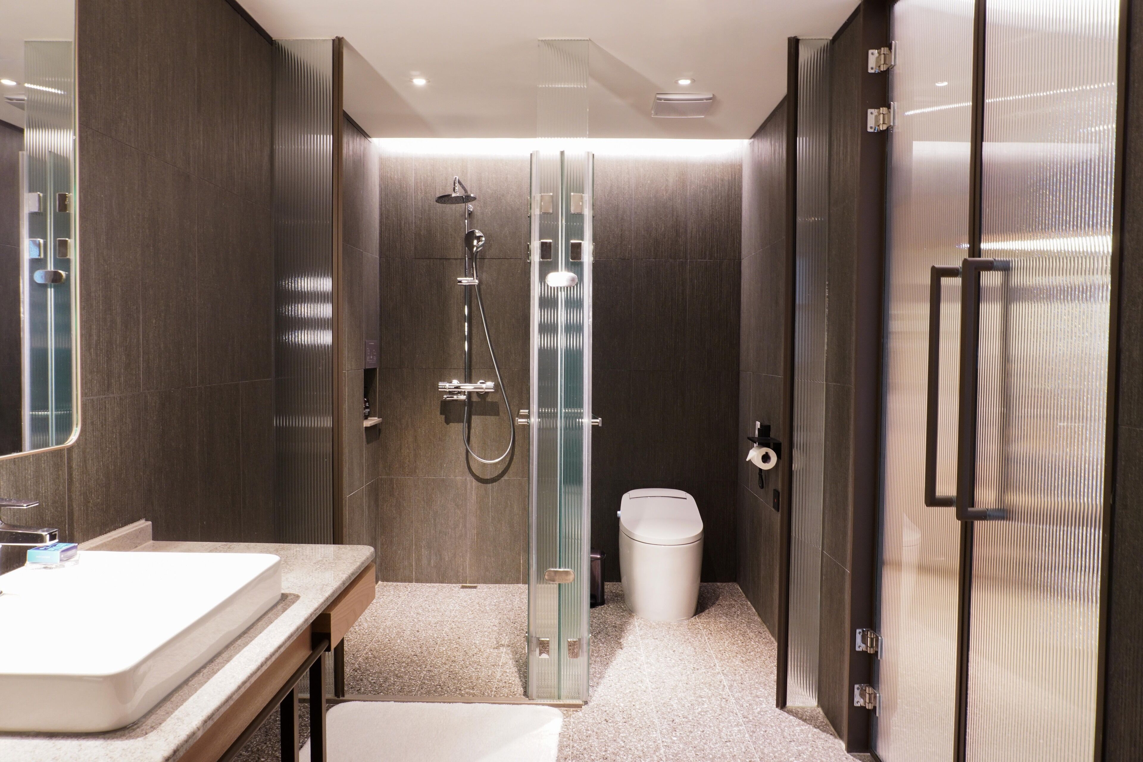 Un baño moderno con ducha de vidrio, lavamanos blanco y un inodoro.