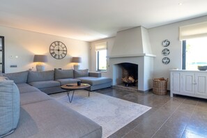 A modern living room with a grey sofa, a coffee table, and a fireplace.