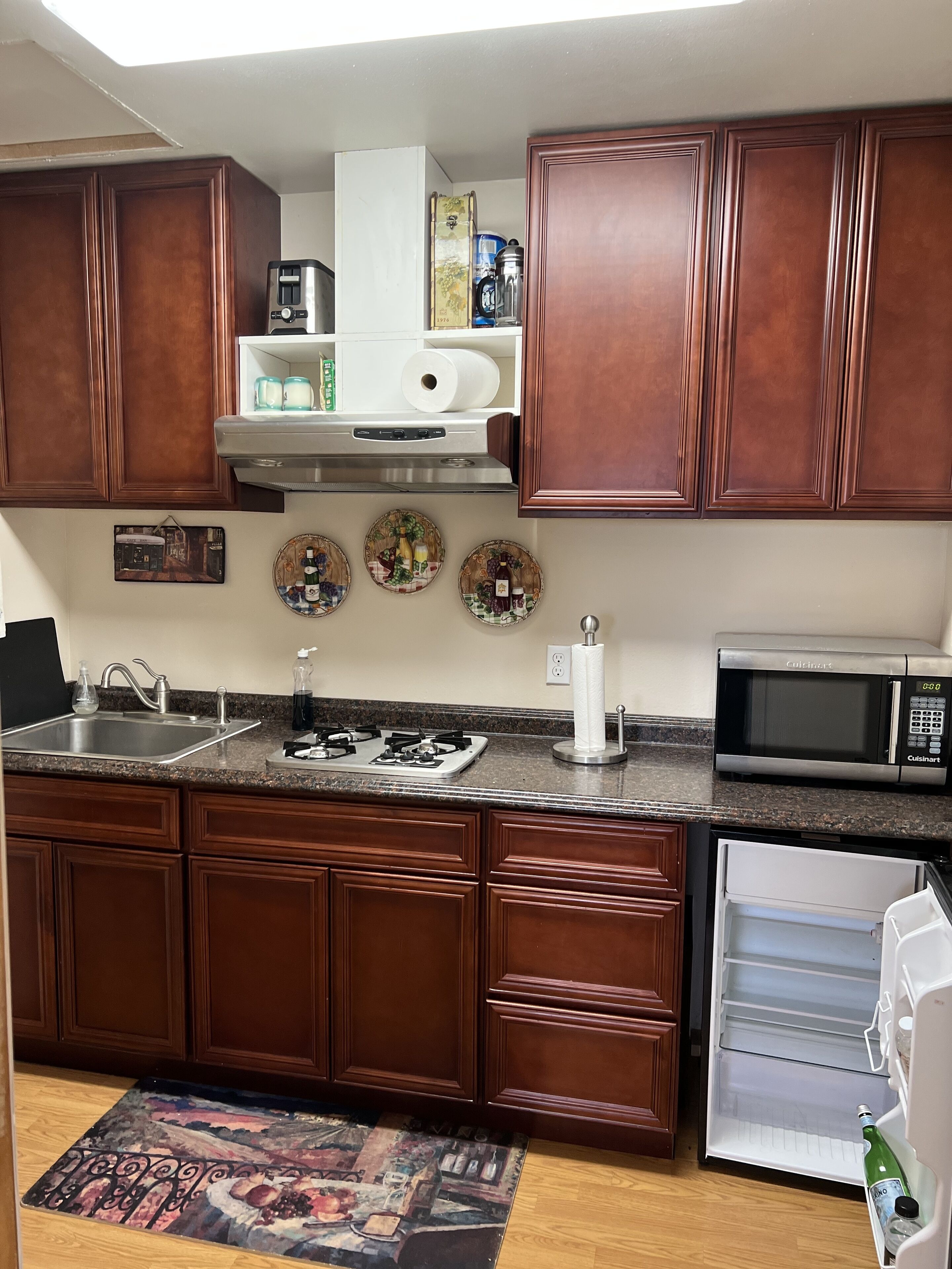 Fridge, microwave, stovetop, coffee/tea maker