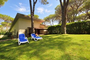 Une maison avec une pelouse, deux fauteuils bleus et un arbre.