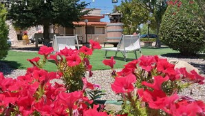 A garden with red flowers, a stone wall, and outdoor furniture.