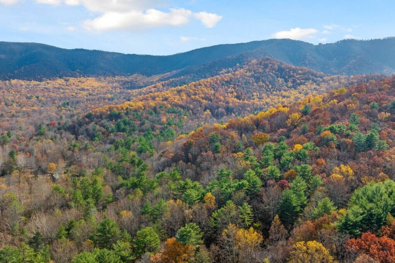 Un paysage montagneux avec de vastes forêts et un ciel dégagé.