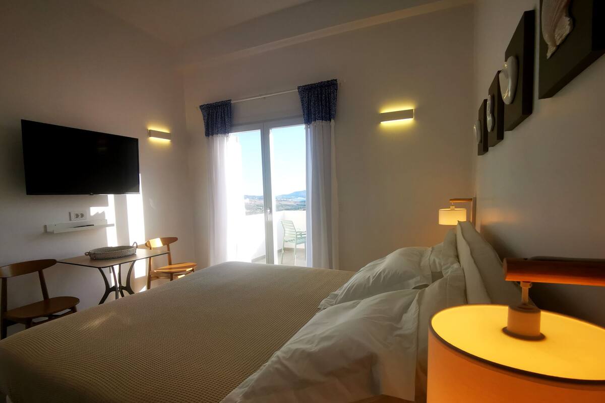 A hotel room with a bed, a desk, a chair, a television, and a view of the outdoors.
