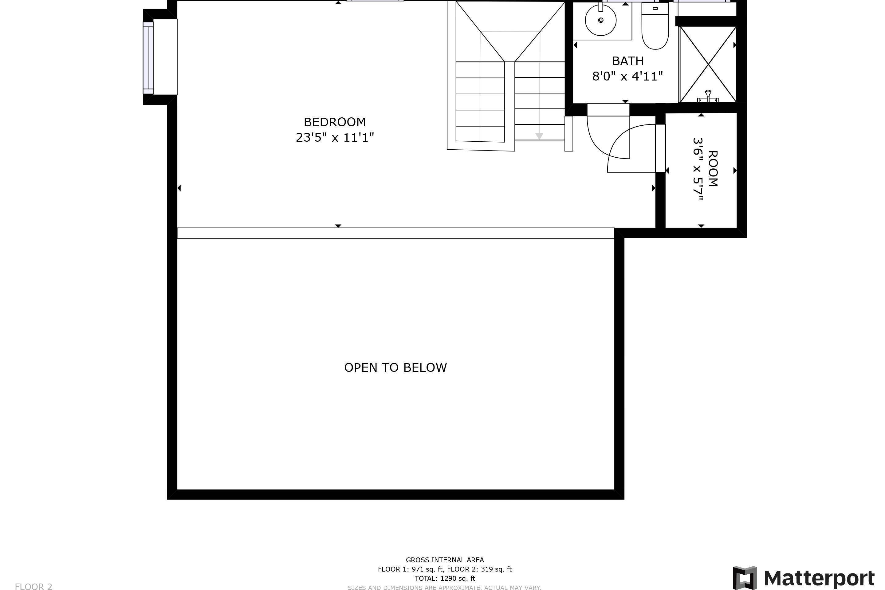 A floor plan with a bedroom measuring 23'5" x 11'1", a bath of 8'0" x 4'11", and a room of 3'6" x 5'7".