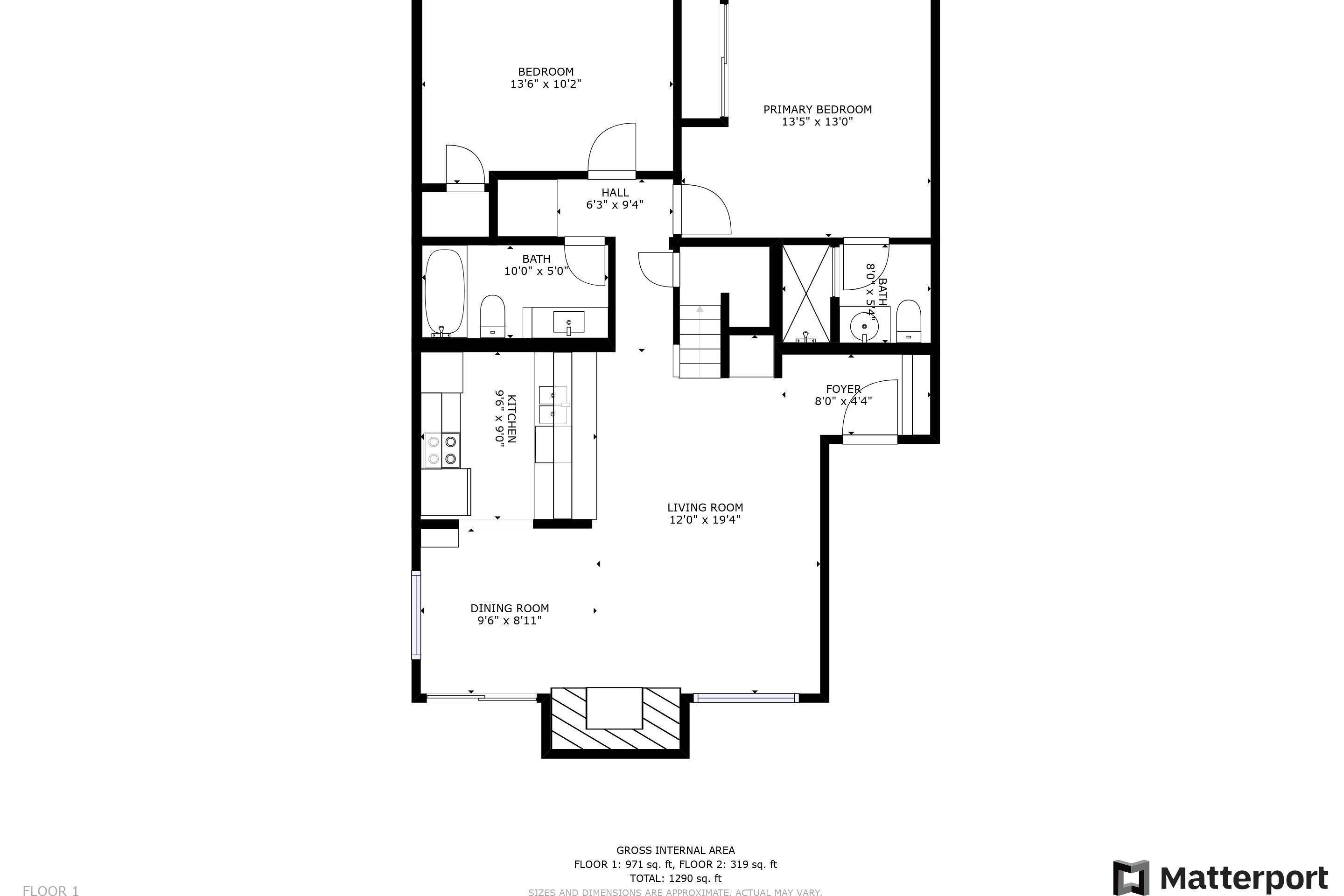 A floor plan of a house with a bedroom (13'6" x 10'2"), a primary bedroom (13'5" x 13'0"), a hall (6'3" x 9'4"), a bath (10'0" x 5'0"), a kitchen (6'6" x 90"), a living room (12'0" x 19'4"), and a dining room (9'6" x 8'11").