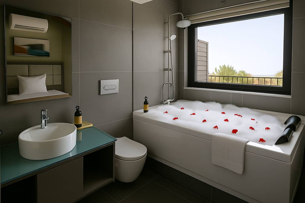 Elite Tek Büyük Yataklı Oda, Sıcak Su Küveti, Deniz Manzaralı | Banyo | Lüks banyo/kozmetik ürünleri, saç kurutma makinesi, terlik, havlu