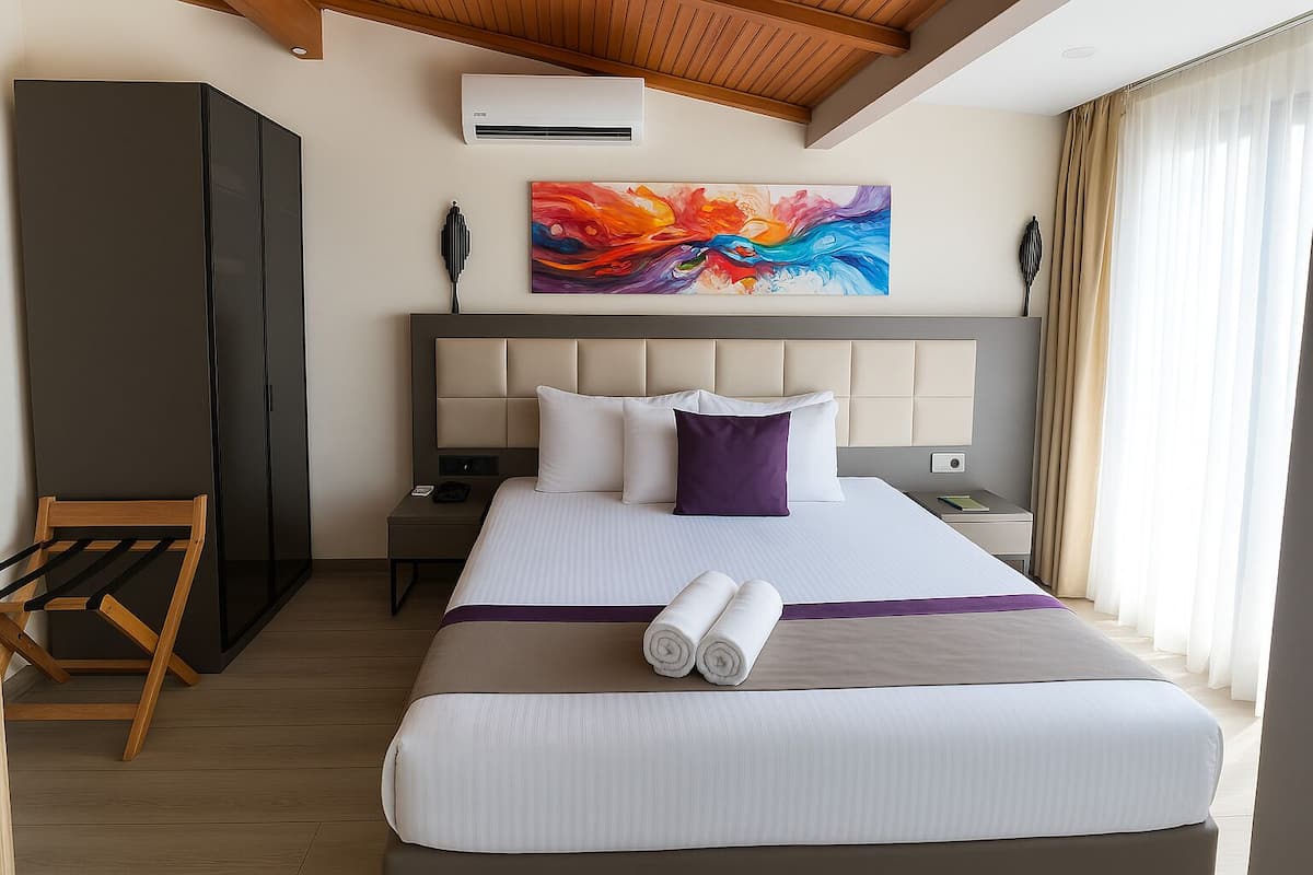 Elite Tek Büyük Yataklı Oda, Özel Banyo, Deniz Manzaralı | Kaliteli yatak takımı, minibar, odada kasa, masa