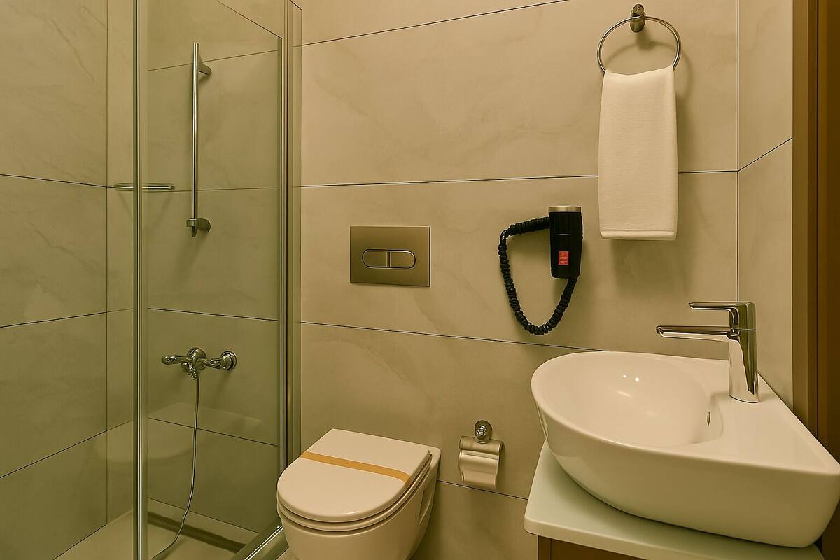 Standard Üç Kişilik Oda | Banyo | Lüks banyo/kozmetik ürünleri, saç kurutma makinesi, terlik, havlu