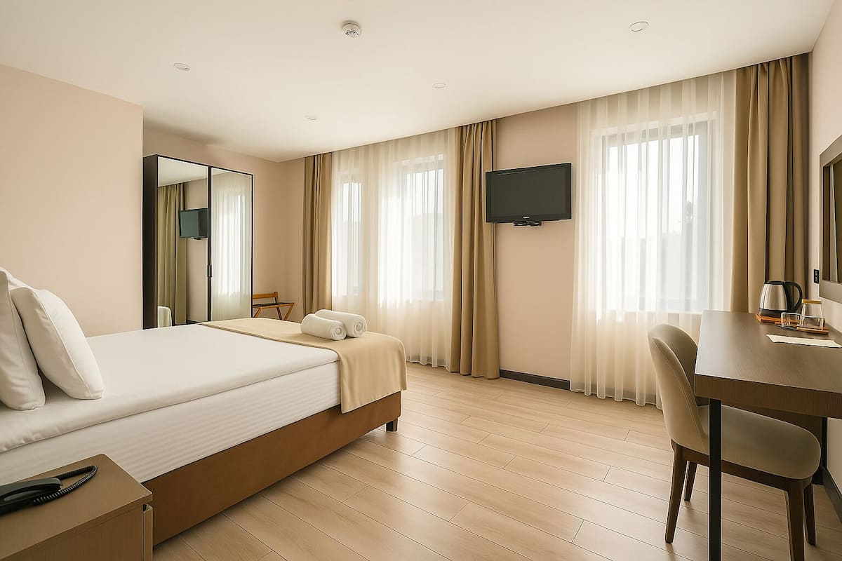 Comfort Tek Büyük Yataklı Oda, Balkon, Deniz Manzaralı | Kaliteli yatak takımı, minibar, odada kasa, masa