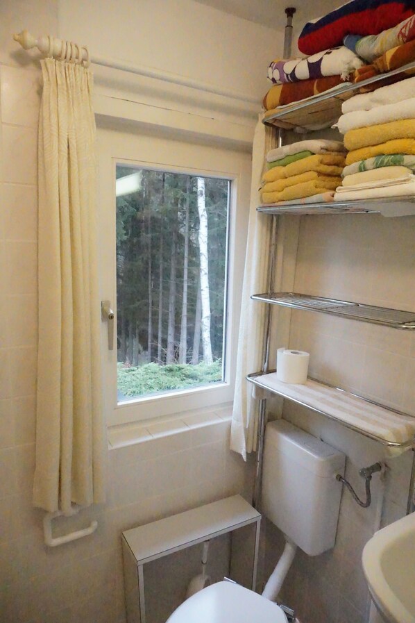 A small bathroom with a toilet, a window, and a shelf with towels. - Cozy vacation home for 4 people on the edge of the forest - wonderfully quiet on the Rennsteig (Friedrichroda)