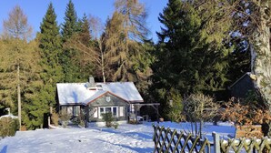 Una casa con techo nevado, rodeada de altos árboles de hoja perenne y una valla de madera.
