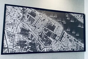 A detailed black and white aerial map of a city with a harbor, including streets, buildings, and ships. - LANOU Hotel (Haiyan Science City) (Haiyan)