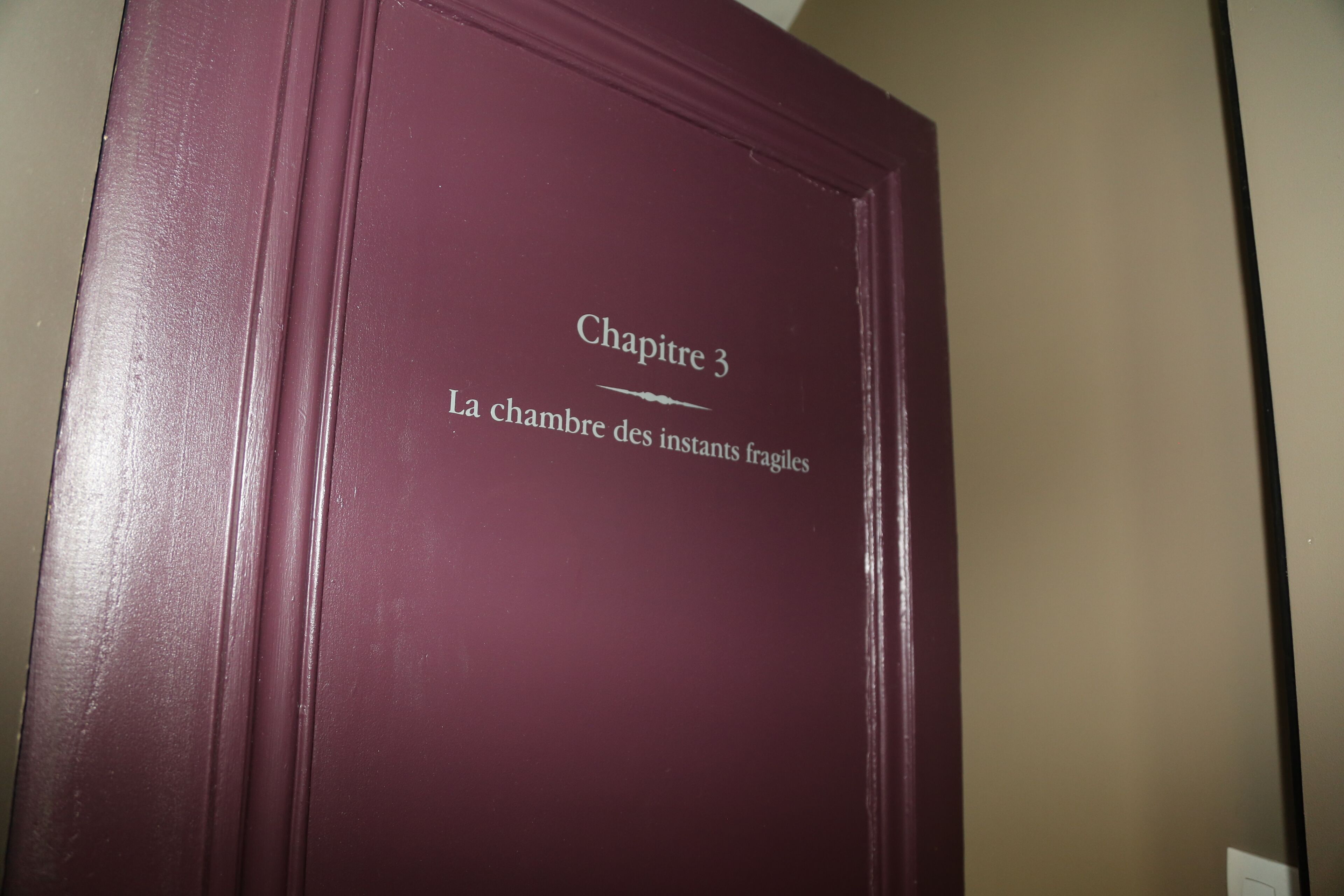 Een bordeauxrode boek met de titel 'Chapitre 3 La chambre des instants fragiles' op de omslag.