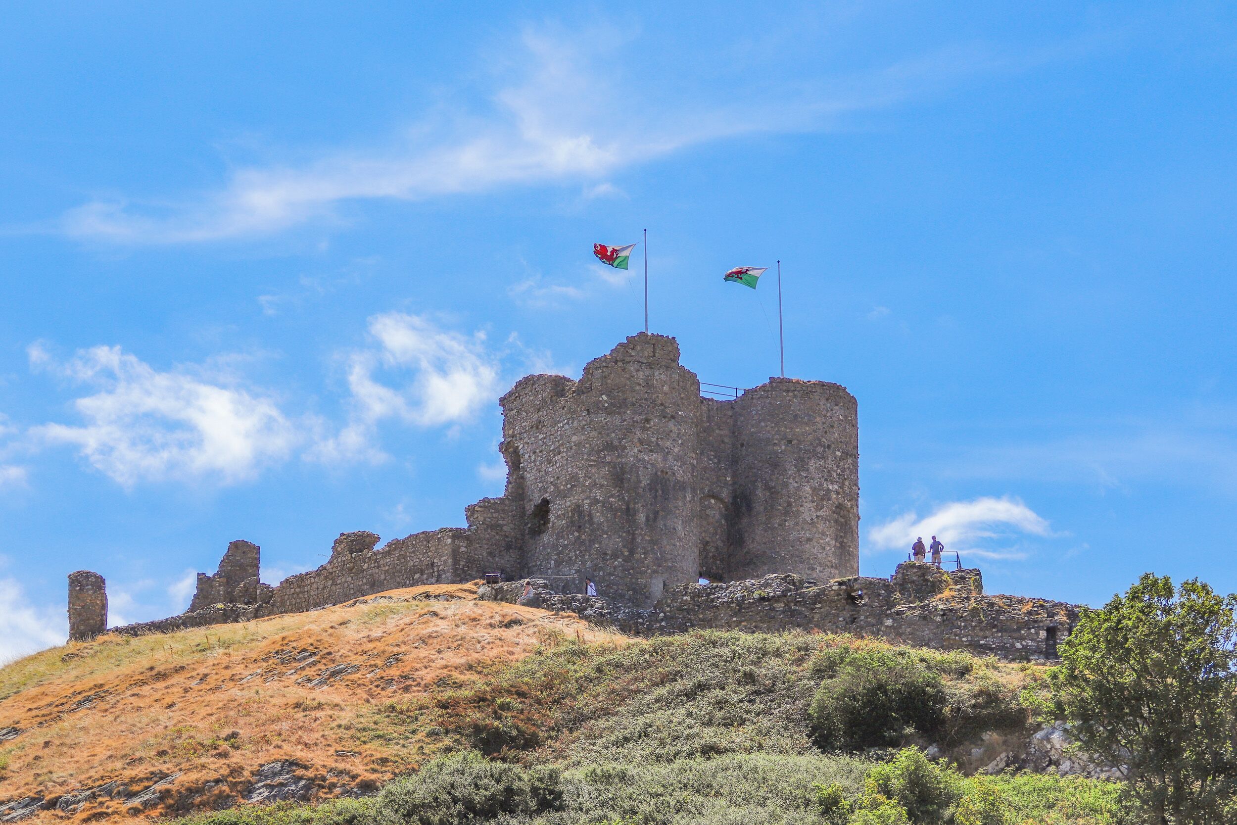 Un castillo de piedra histórico con banderas en la cima, ubicado en una colina con vegetación escasa.