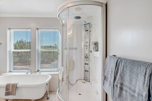 Combined shower/bathtub, hair dryer, towels