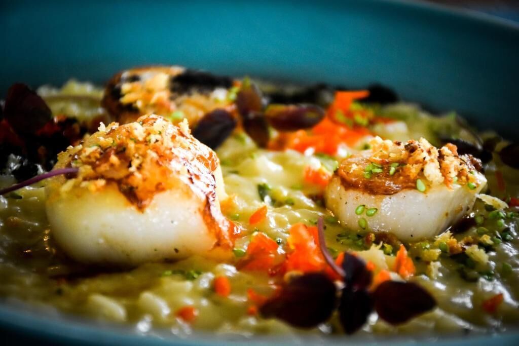 Un piatto con capesante scottate, verdure e salsa cremosa.