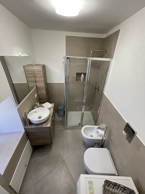 A modern bathroom with a large mirror, a sink, a bidet, and a shower enclosure. - Cathedral House Design (Palermo)