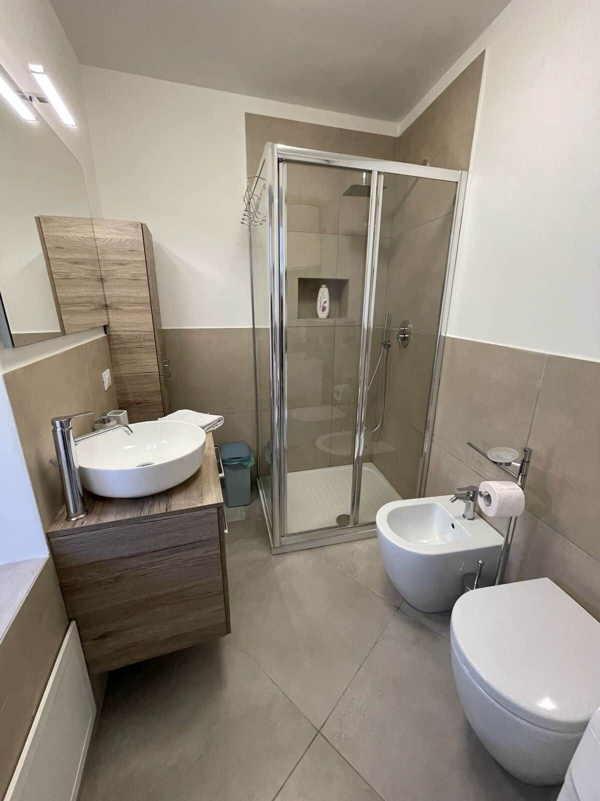 A modern bathroom with a glass-enclosed shower, a vanity with a sink, and a toilet.