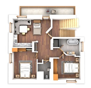 Een modern appartement met een woonkamer, keuken, twee slaapkamers, badkamer en een balkon.