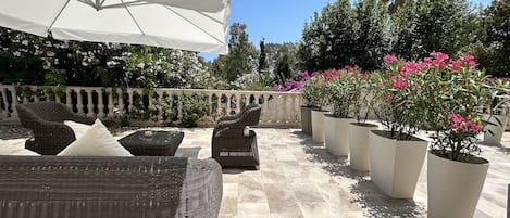 Un espacio al aire libre con mobiliario de mimbre y plantas en macetas.