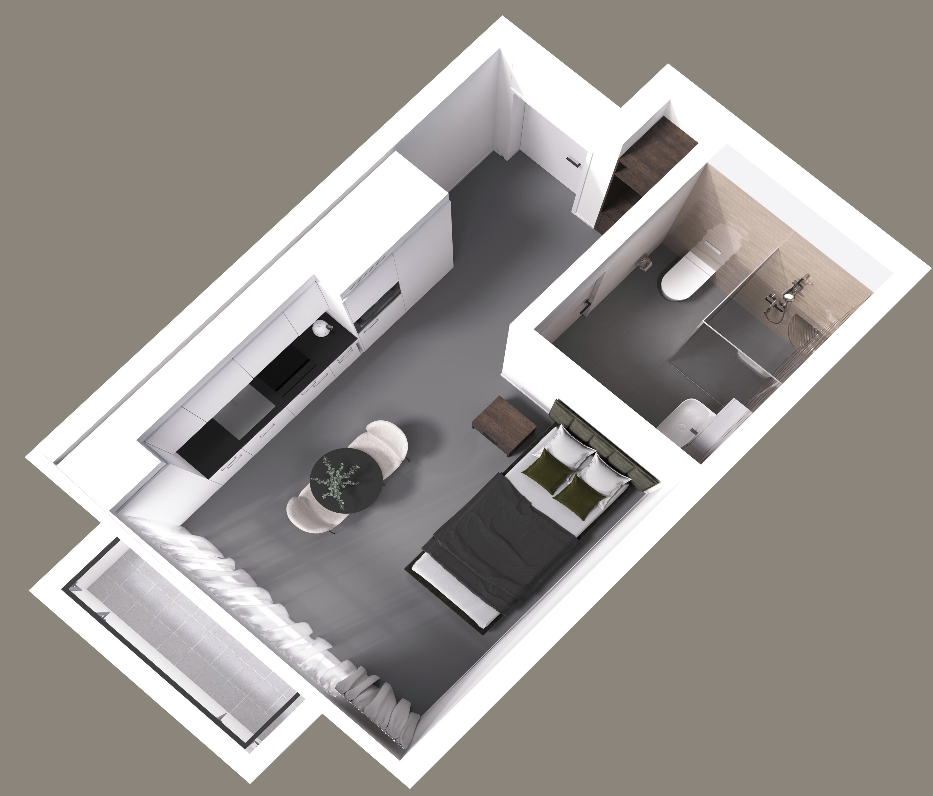 Distribución moderna de un apartamento con sala, cocina, baño y dormitorio.